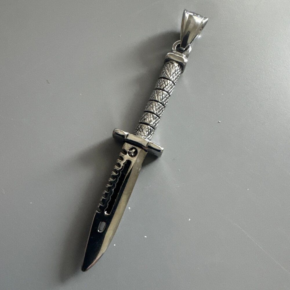 Stainless Steel Silver Plated Dagger Knife Military Pendant 24” Chain Gift Men’s